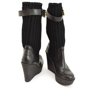 GUCCI Black Leather & Logo Knit Shaft Wedge Boots